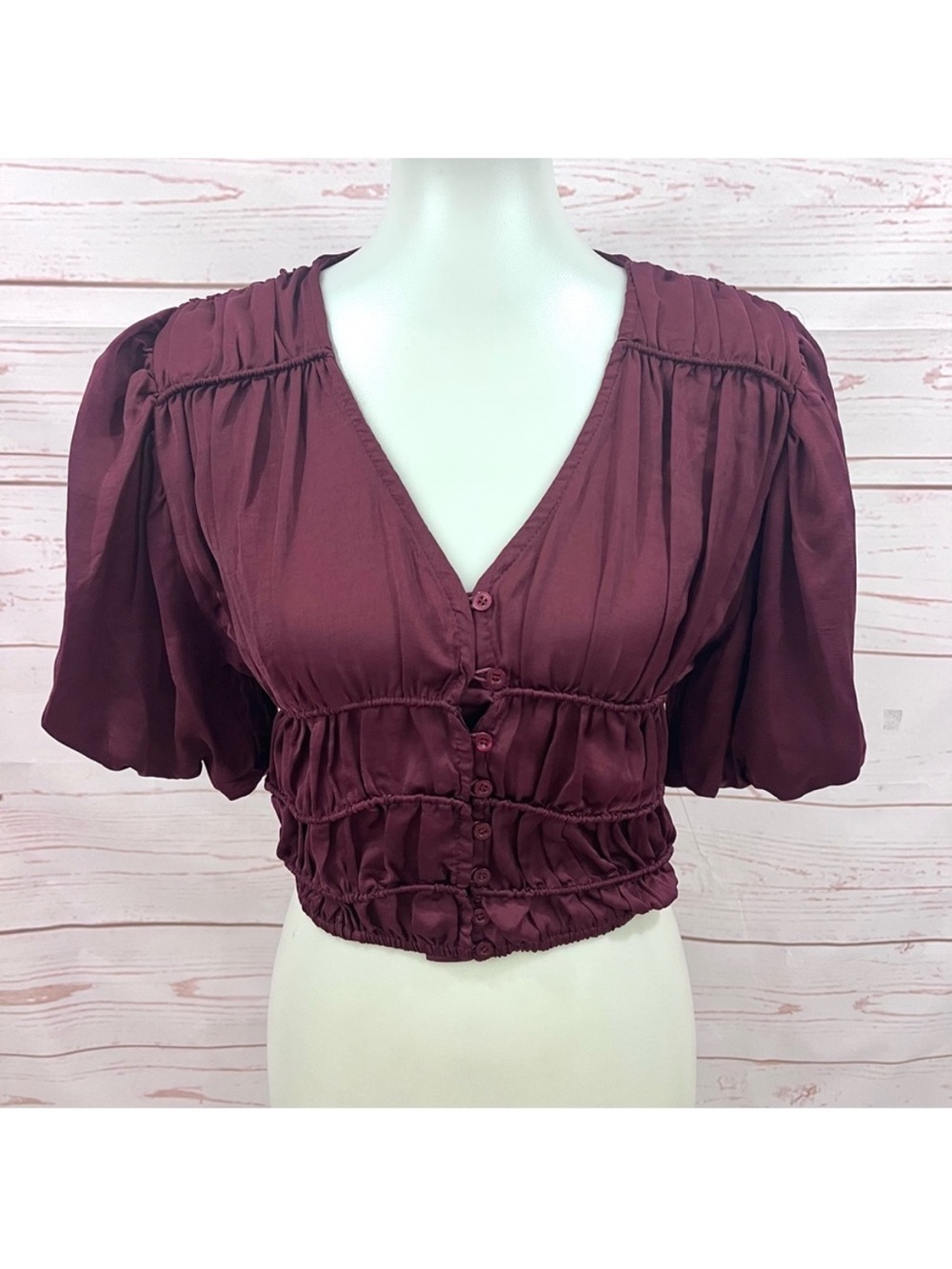 Bishop + Young Burgundy Claret Silk Puff Sleeve Maya Crop Top Blouse